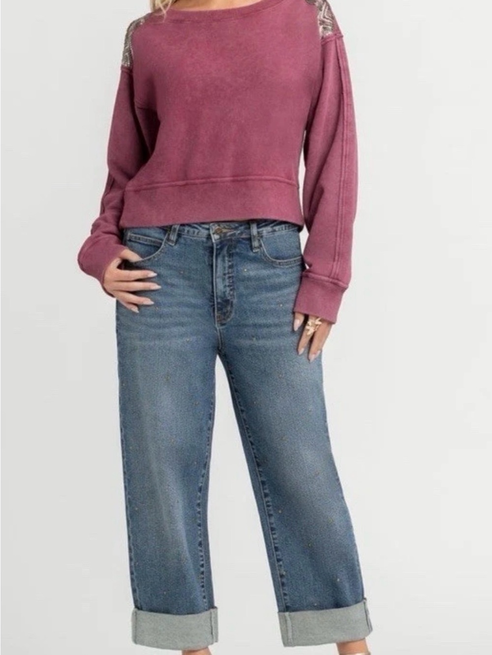Jessica Simpson Women's Boyfriend Jeans Straight WideLeg Cuff NWT- SZ 16W Studed - Picture 2 of 4